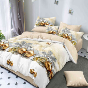 Lenjerie de pat dublu cu imprimeu de Crăciun „Golden Christmas Decorations” (6 piese)