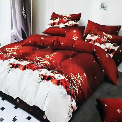 Lenjerie de pat dublu cu imprimeu de Crăciun „Red Christmas Sparkle” (6 piese)