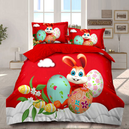 Lenjerie de pat dublu cu imprimeu de Paște „Happy bunny with Easter eggs” (6 piese)
