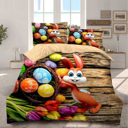 Lenjerie de pat dublu cu imprimeu de Paște „Easter bunny with colored eggs” (6 piese)