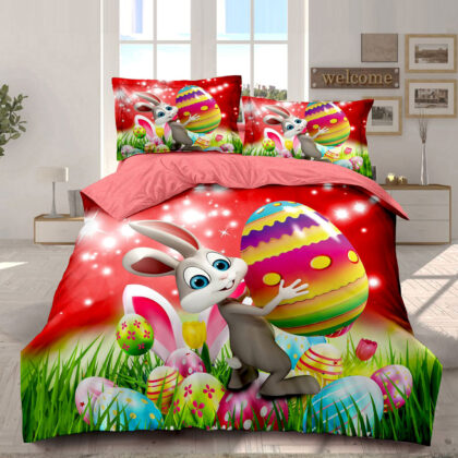 Lenjerie de pat dublu cu imprimeu de Paște „Red Easter with bunny and egg” (6 piese)