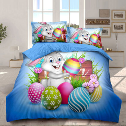 Lenjerie de pat dublu cu imprimeu de Paște „Blue Easter with bunny” (6 piese)