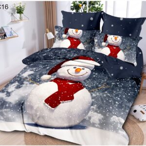 Lenjerie de pat dublu cu imprimeu de Crăciun „Snowman” (6 piese)